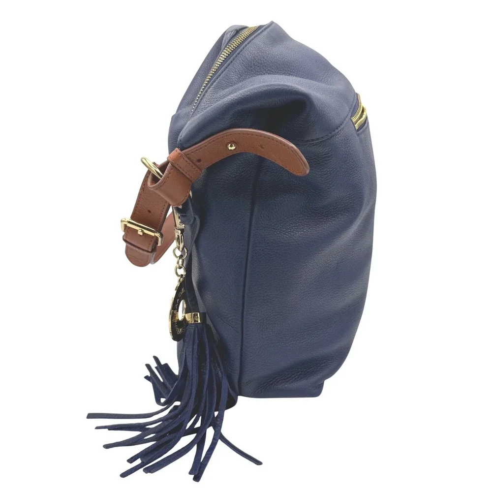 Isaac Mizrahi Hobo Bag Womens Navy Blue Pebbled Leather Tassel Gold Hardware